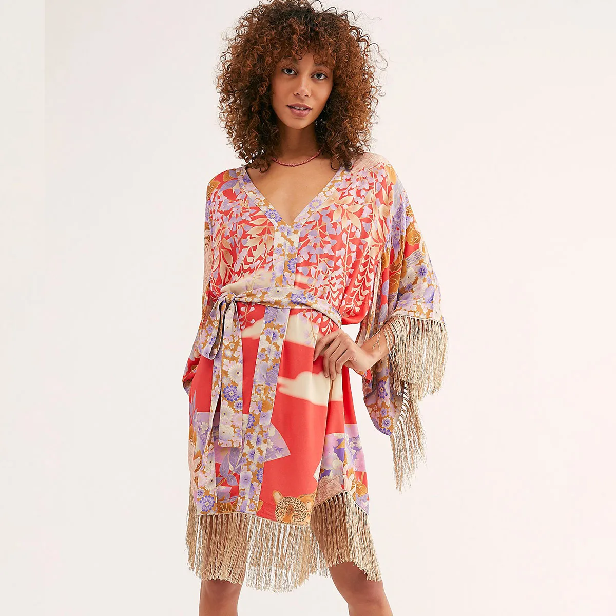 Мини платье с цветочным принтом в стиле кимоно повседневные женские платья v