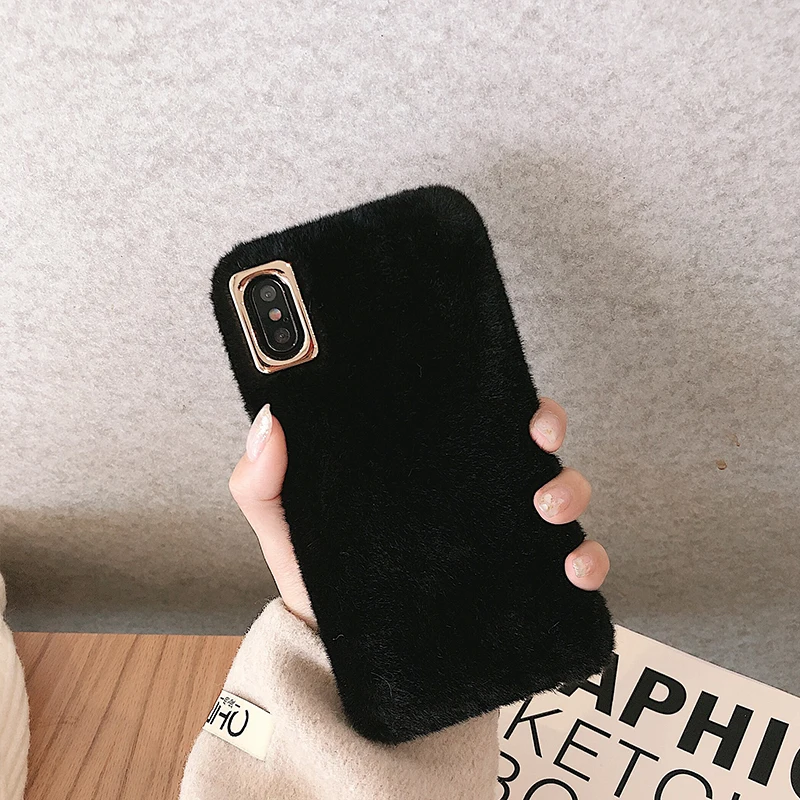 BK Короткие Плюшевые Меховые чехлы для телефонов Iphone 11 Pro Max 8 7 6 6S Plus Xr Xs Max X, осенне-зимняя теплая задняя крышка Coque Fundas - Цвет: BK