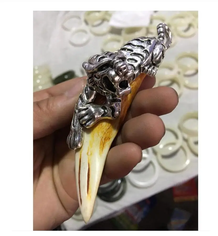 Китайский античный кабан зуб дикий серебряный Тигр защитный талисман подвеска