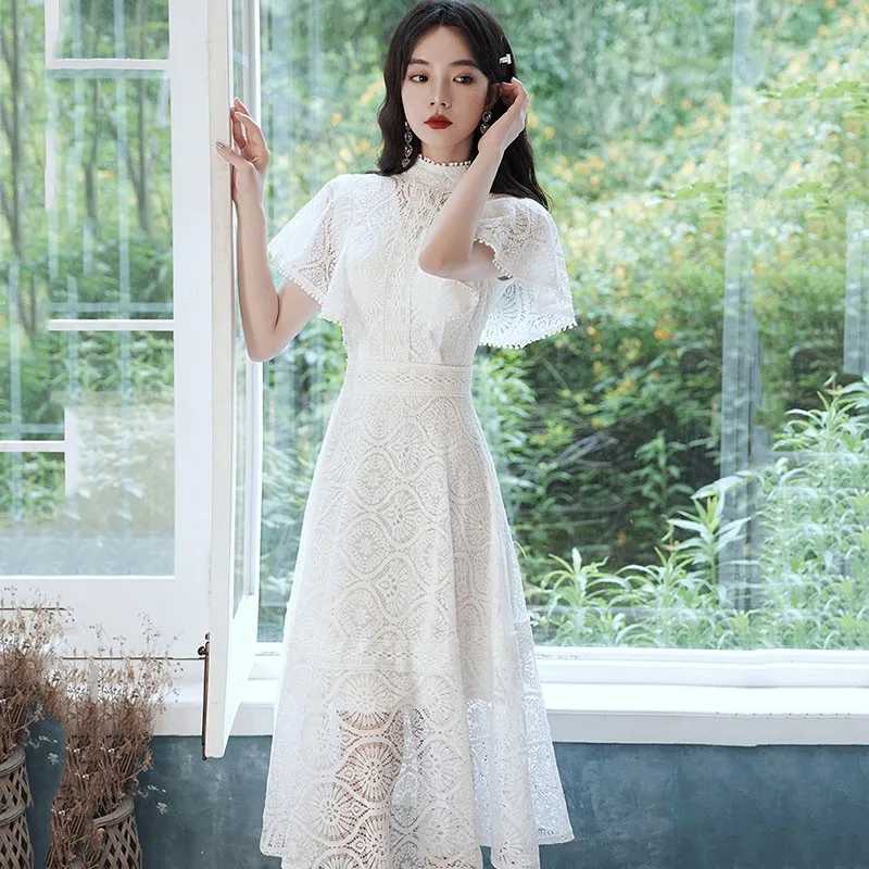 

Luxury Lace Tassel Celebrity Banquet Dress Gown Sexy Hollow Out Butterfly Sleeve Cheongsam Fairy White Floral Mid Length Qipao