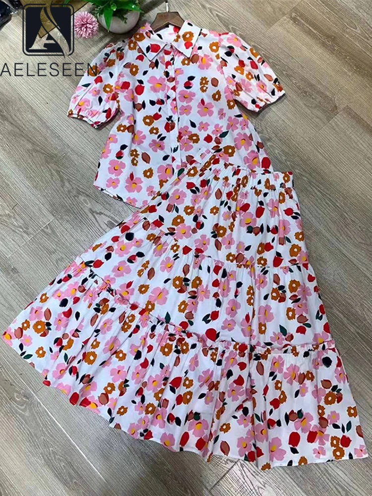 

AELESEEN модный дизайнерский 2022 весенний подиумный комплект для женщин, пышная однобортная рубашка + юбка с высокой талией и цветочным принтом, ...