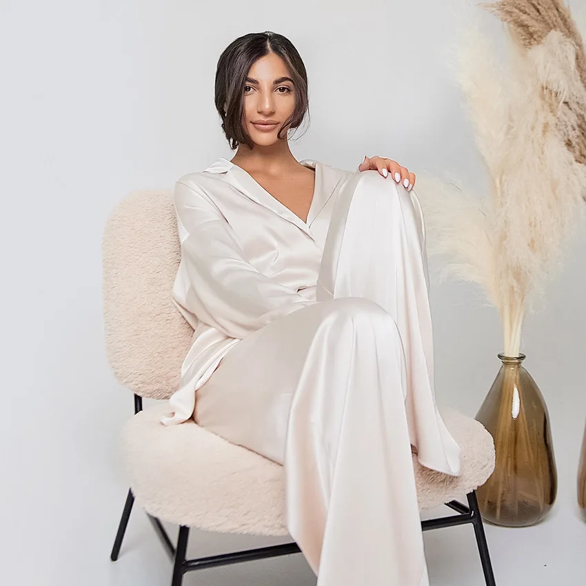 Women Satin Pajama Set Elegent Glossy Sleepwear Loungewear Silk-like Long Sleeve Robe & Loose Pants Nightwear Ladies Homewear