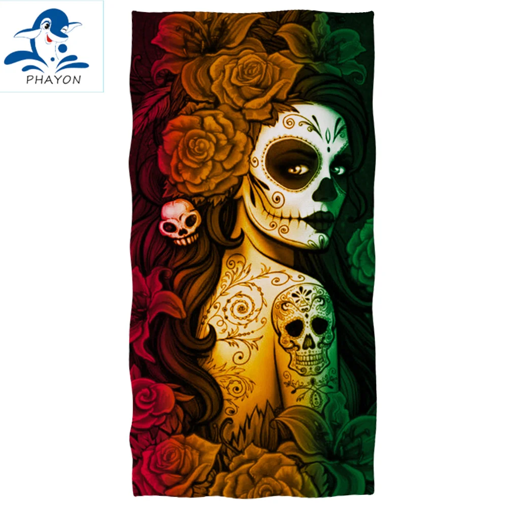 

PHAYON 1Pcs Quicky-dry Microfiber Bath Towels Skull Beauty Flowers 75*150cm Beach Towel Large Sport Towels Camping Accessories