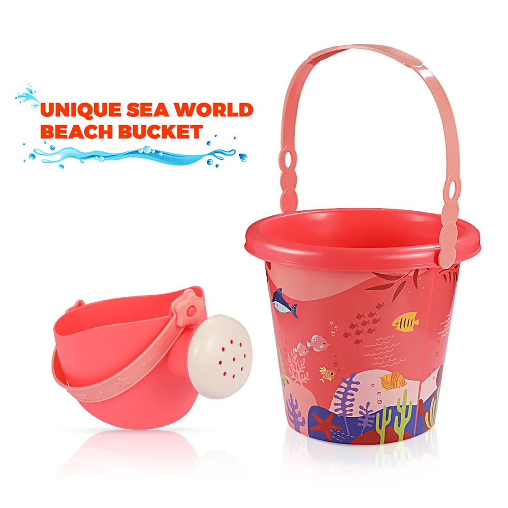 

iBaseToy 16Pcs Beach Toy Set Multicolor Sand Mold Kits with Cartoon Molds and Bucket for Pools Backyard and Sandbox