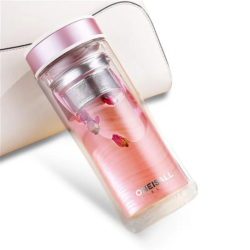 Rose 480 мл стеклянная бутылка для воды с двойными стенками, портативная кружка для путешествий, прозрачная чашка для воды с заваркой чая, большая посуда для напитков - Цвет: Rose