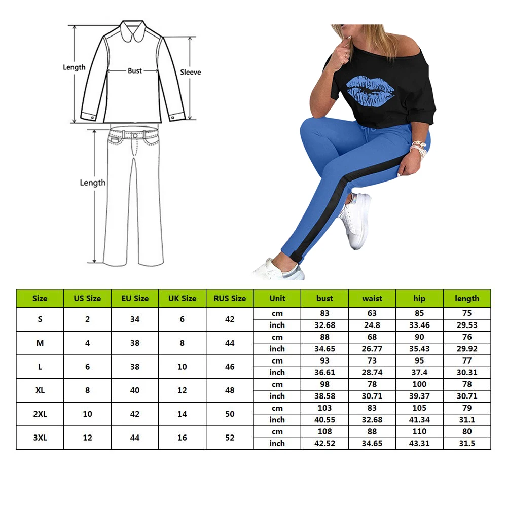 

Women Lip Print Tracksuit sets Lady 2020 Summer sexy shoulder 2pcs set Elegant blouse+Elastic Waist Long Pants Sets