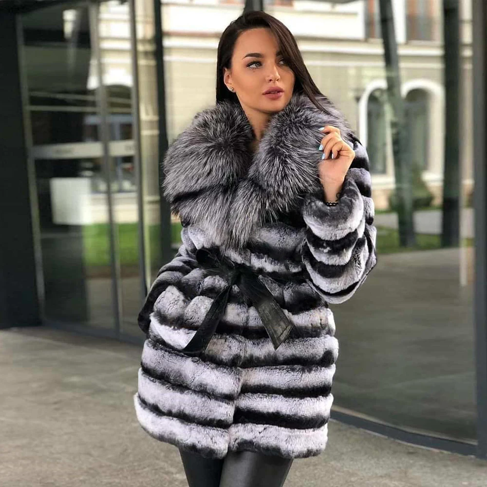Medium Length Real Rex Rabbit Fur Coat with Silver Fox Fur Turn-down Collar Natural Rex Rabbit Fur Jacket with Leather Belts