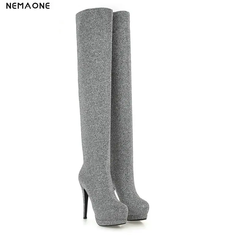 NEMAONE сексуальные блестящие Сапоги выше колена на очень высоком каблуке женские