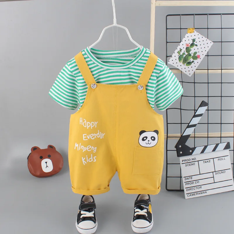 

New Summer Baby Boy Fashion Cute Clothes Set Toddler Girls Stripe T-shirt+cartoon Bear Rompers Shorts 2-piece suit Kids Clothing
