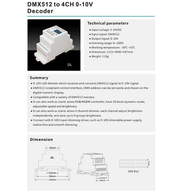 DMX512 для 4CH 0-10В декодер светодиодный диммер сигнала 0-10V RGB/RGBW контроллер 4 канала 5-24V