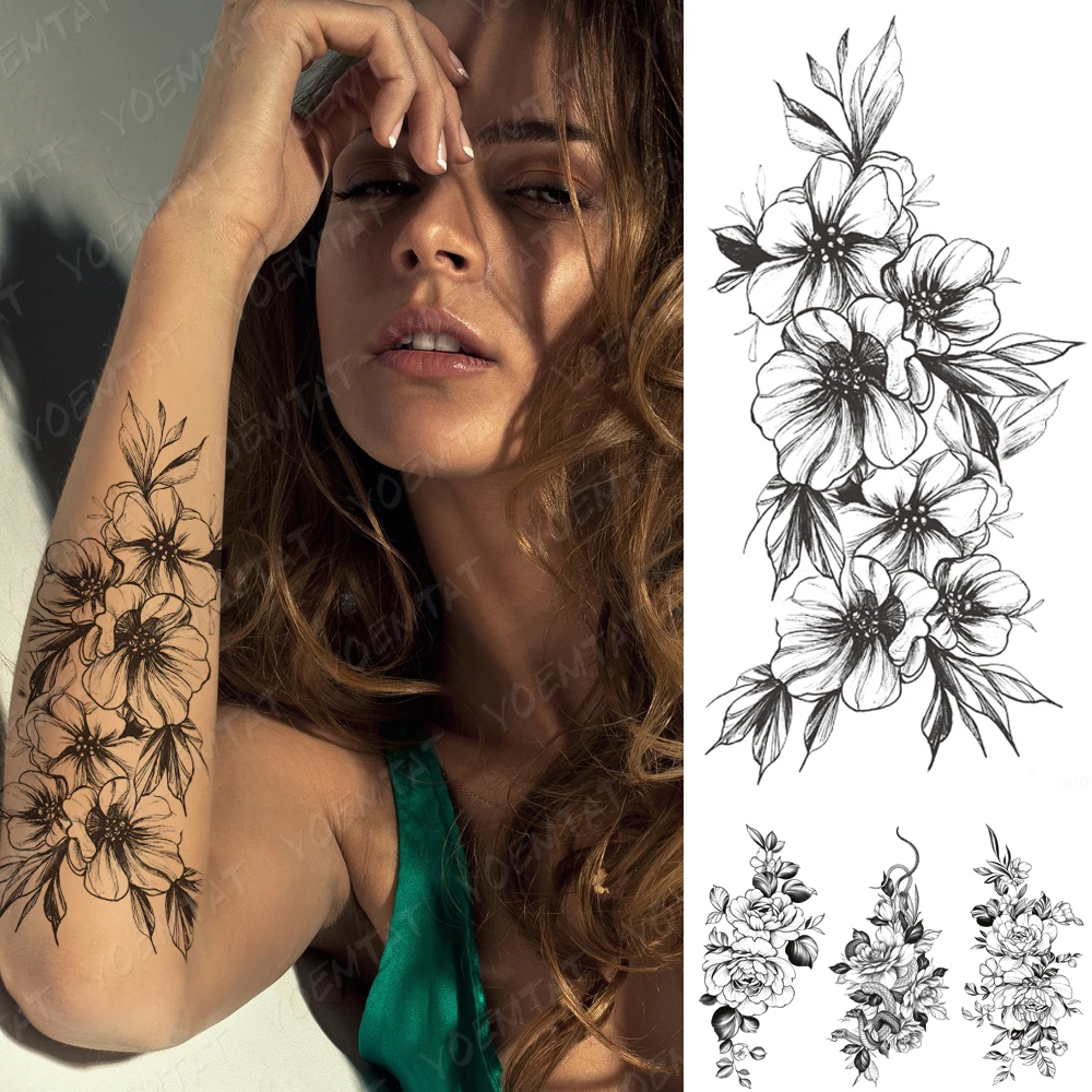 

Waterproof Temporary Tattoo Stickers Peony Plum Blossom Lily Flower Flash Tattoos Female Black Sketch Body Art Fake Tatto Men