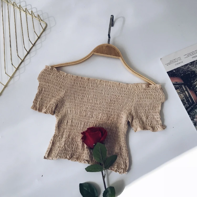 Short Tops Элегантная женская мини-рубашка с вырезом лодочкой, повседневная, милая, женская, короткий рукав, эластичная, высокая талия, тонкая блуза, сексуальная, короткий топ - Цвет: Short Tops