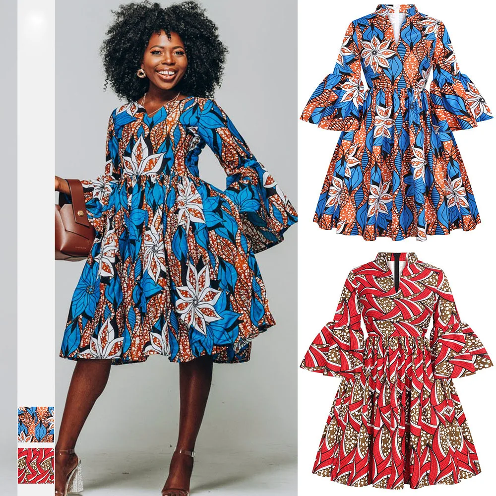 

Womens African Ankara Print Maxi Dress Traditional Casual Outfits Attire 2021 Latest Lotus Sleeve V Neck African Dresses Women