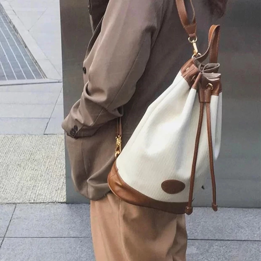 

Canvas Bucket Women Shoulder Bag Large Capacity Solid Color Women's Bags Panelled Casual Woman Backpack Fashion Daily Purse