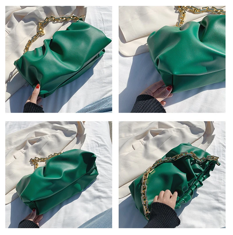

Women Bags 2020 Luxury Designer Leather Handbags Dumpling Pleat Shape Shoulder Clutch Purses Women Messenger Bag With Gold Chain