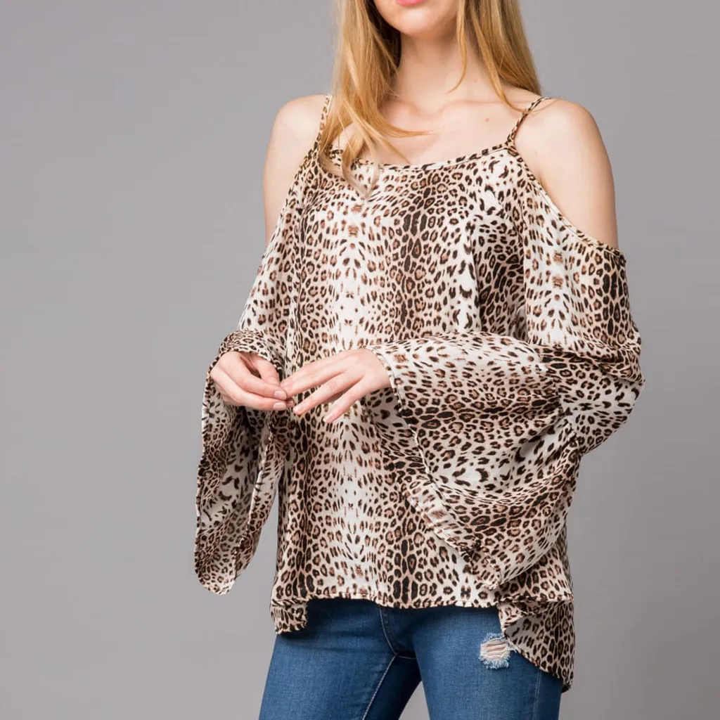 Осень 2020 Новое поступление сексуальная леопардовая рубашка с открытыми плечами