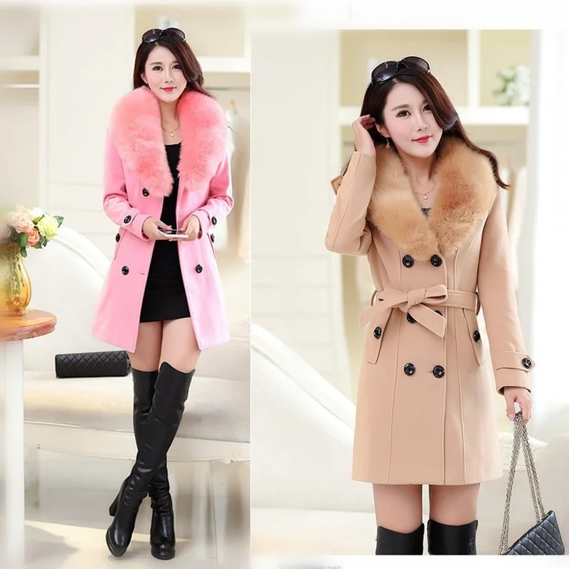 

2021 Autumn Winter New Temperament Classic Women's Wool Vintage Fur Collar Fashionable Blends Coats Ladies Retro Outerwear Women