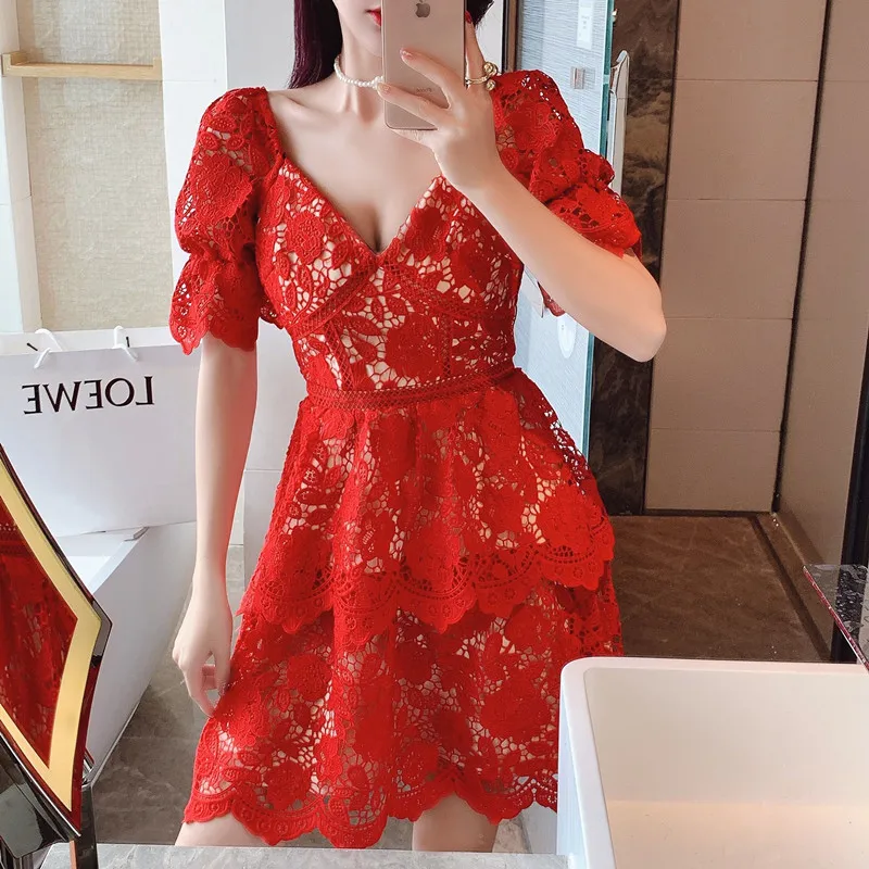 

Woman‘s Red Lace Puff Sleeve Dress 2022 New Summer V-neck Patchwork Mini Dress Female Runway Design Casual Vestido Party Dress