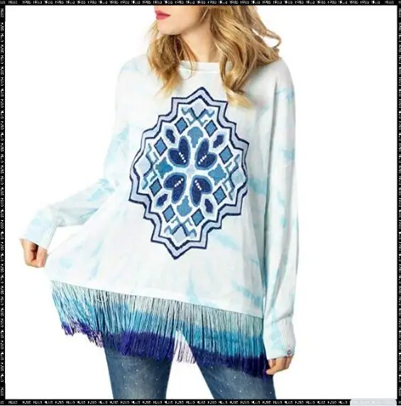 

2021 foreign trade Spain Desigual women's spring new print tassel knitwear sweater fashion loose casual women's round neck top