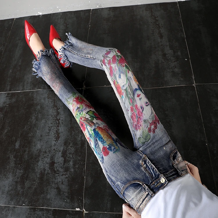 Женские раскрашенные бронзовые джинсы Новые Модные расклешенные с принтом