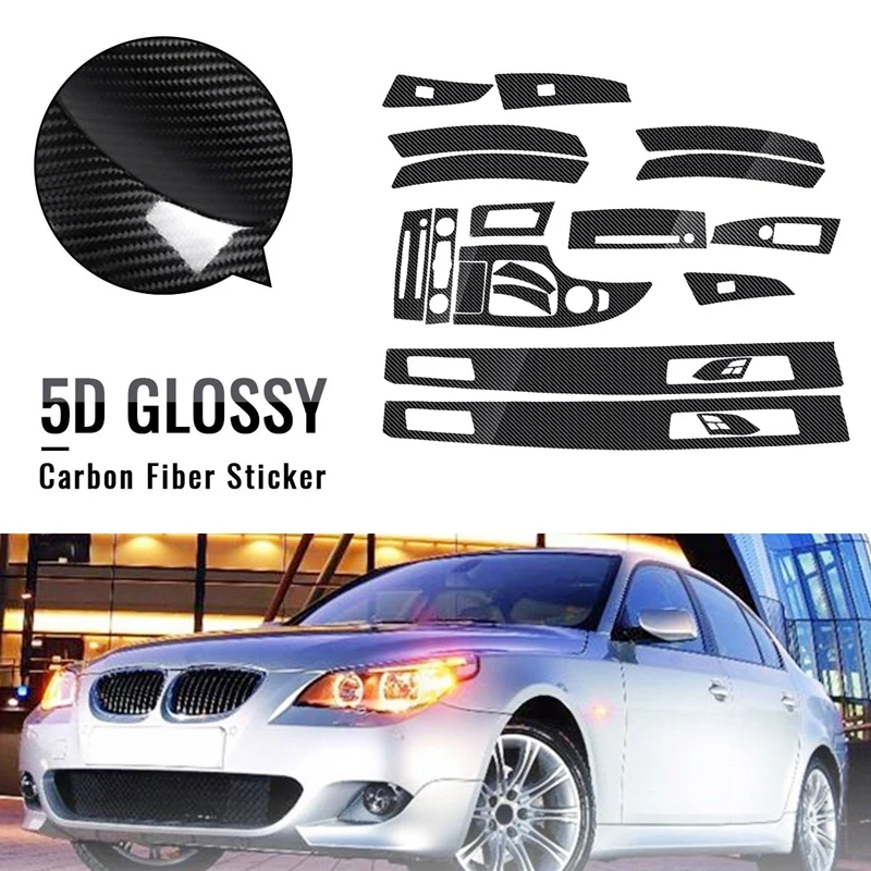 

18PCS Car Interior Decorative Sticker 5D Glossy Carbon Fiber Trim Stylish Well Protective for-BMW 5 Series E60 2003-2010