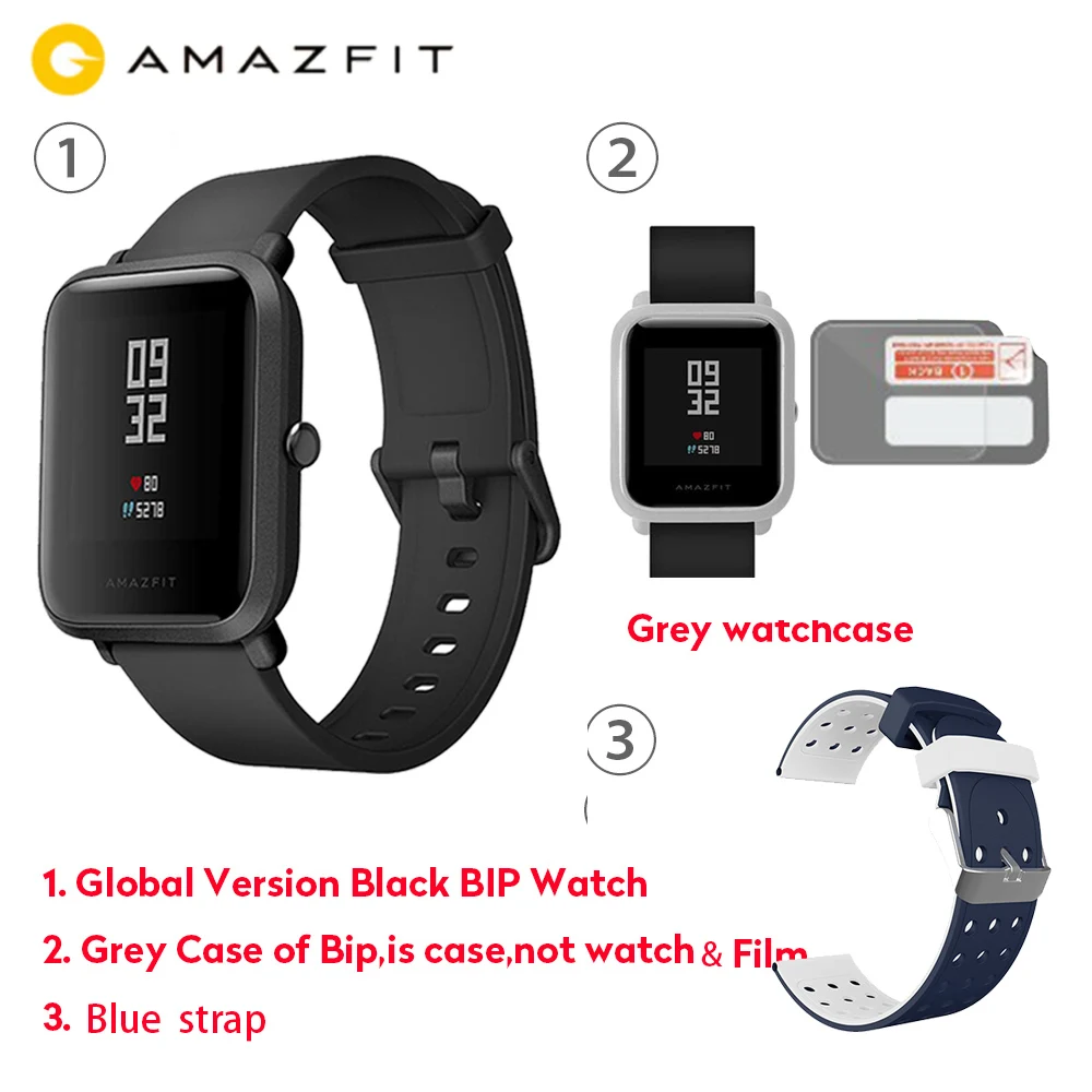 Grey Case BlueStrap Официальные Смарт-часы Amazfit Bip, gps, умные часы, 45 дней в режиме ожидания, монитор сердечного ритма, будильник, вибрация, IP68, водонепроницаемые, напоминание о звонках - Цвет: Grey Case BlueStrap