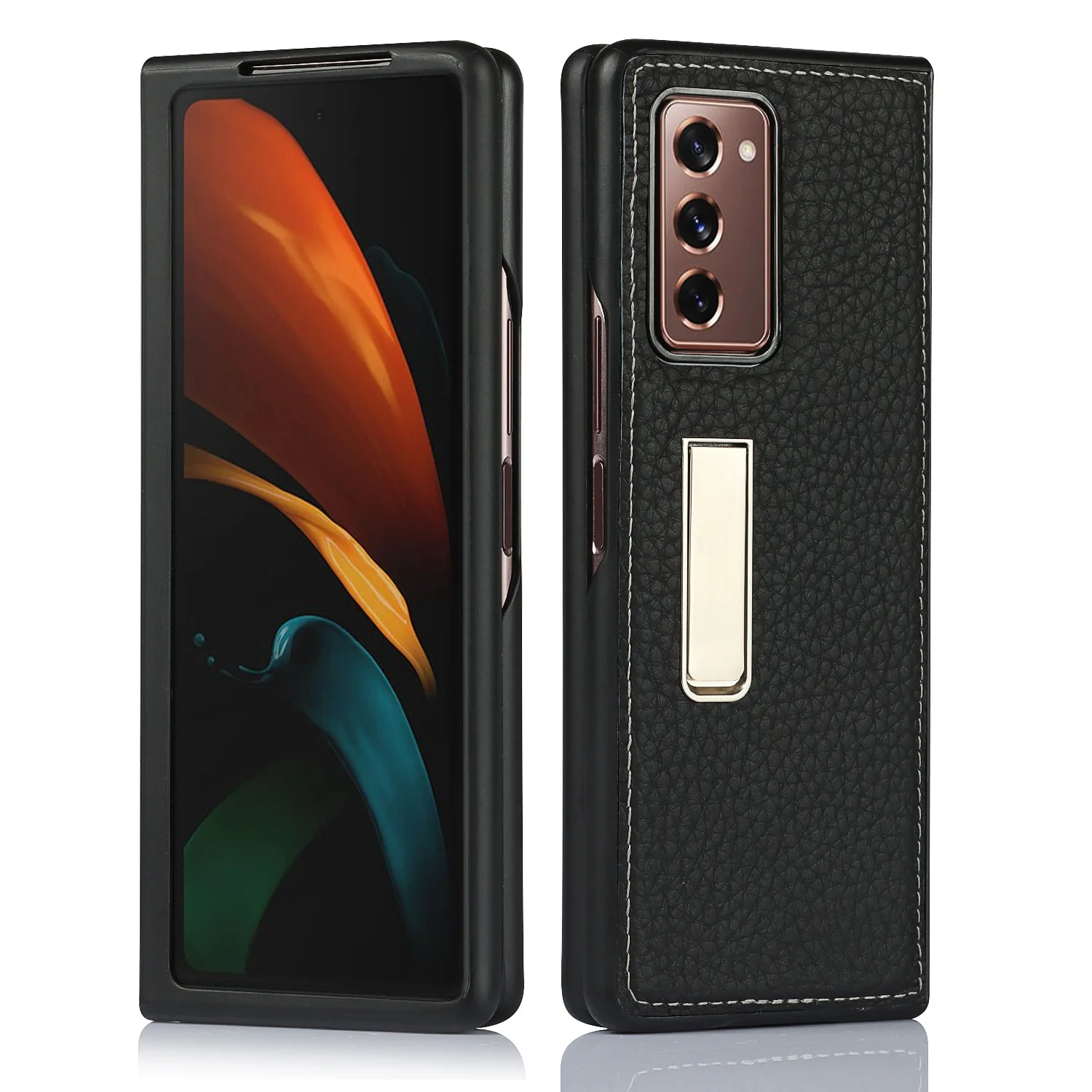

2021 New Bracket Kickstand Genuine Leather Wallet Flip Case For Galaxy Z Fold 2 Case