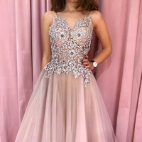 sexy v neck open back spaghetti strap lace prom dress dusty pink applique beading evening party gown bride engagement dress
