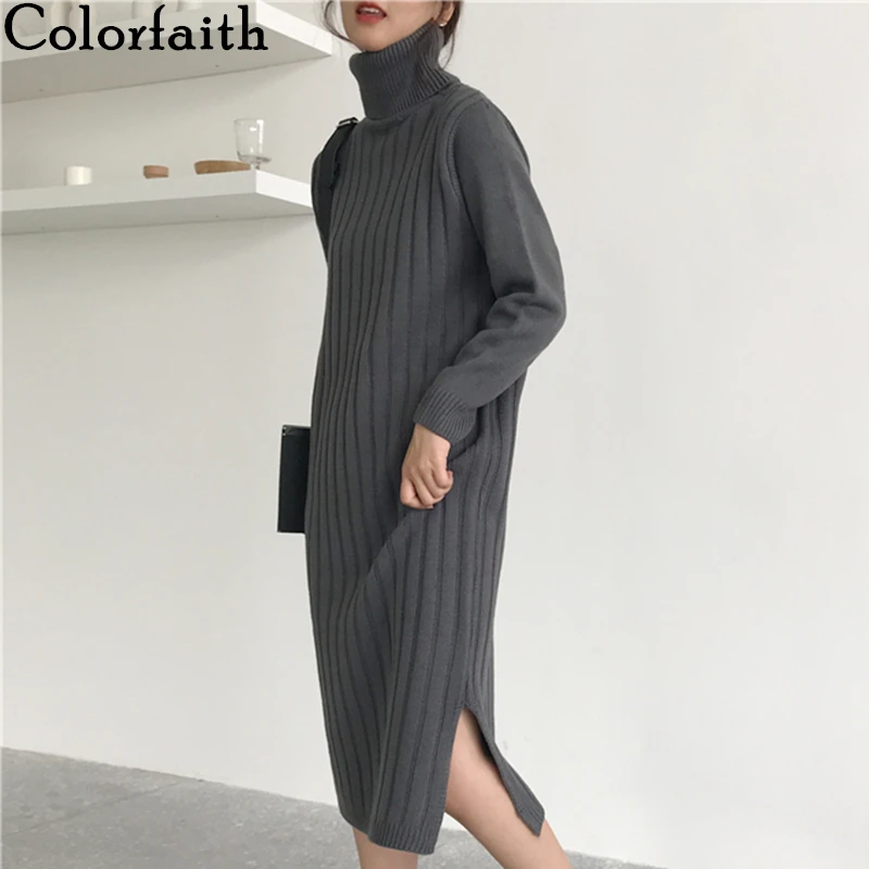 Colorfaith новинка 2019 Осень зима женские платья водолазка с разрезом трикотажные