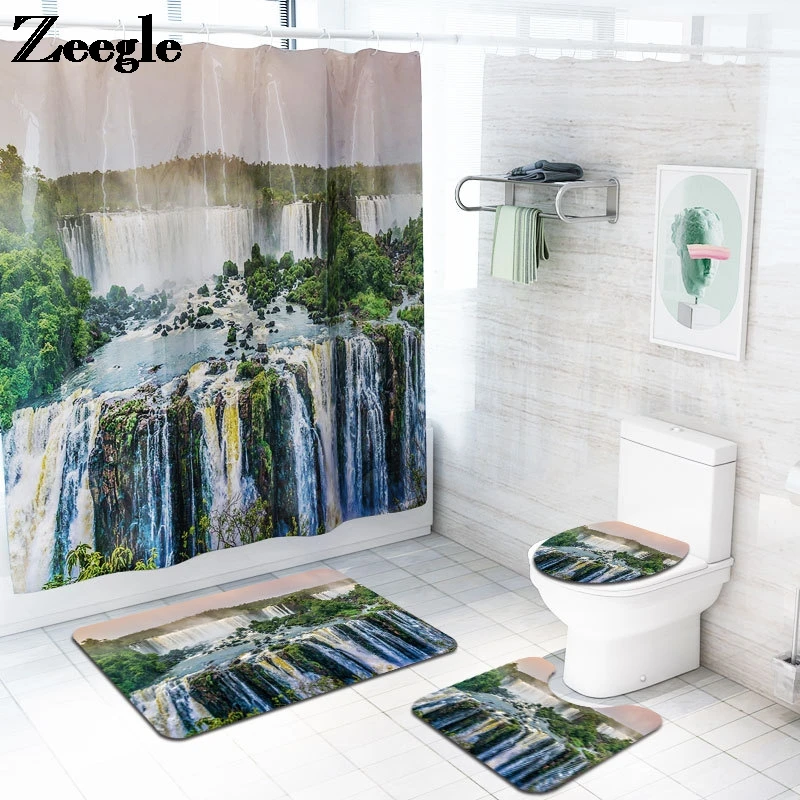 

Zeegle Scenic Bath Mat and Shower Curtain Landscape Toilet Rugs Printing Bathroom Carpet Set Microfiber Foot Mat
