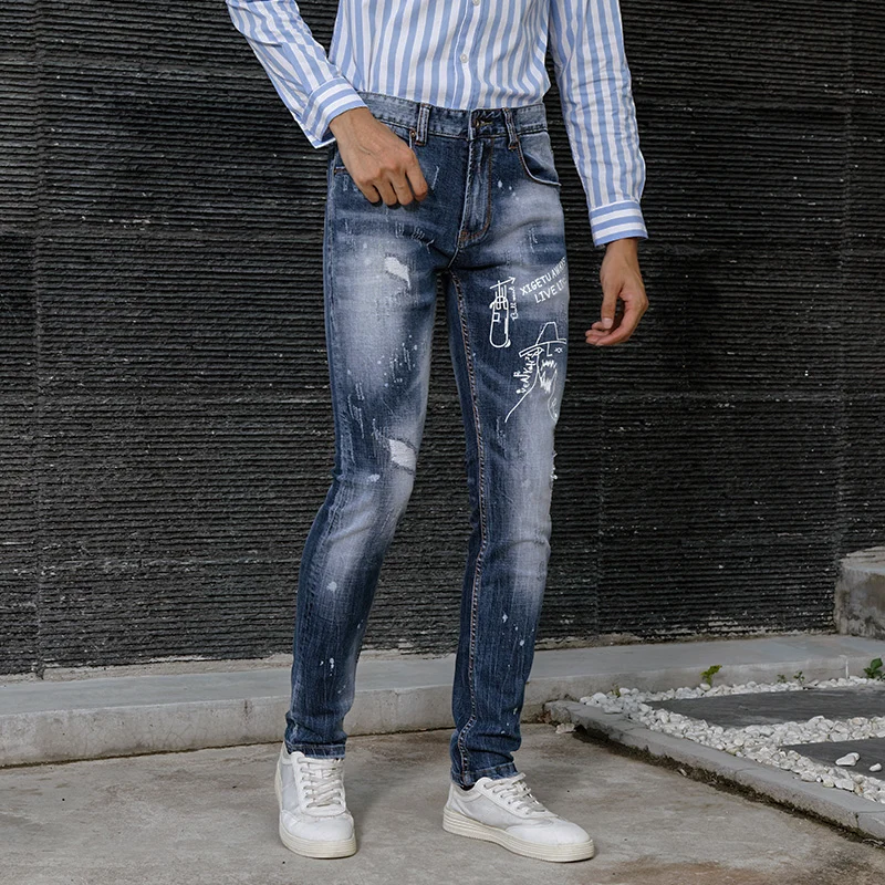 

Джинсы мужские, Синие рваные, эластичные, с принтом, в стиле ретро