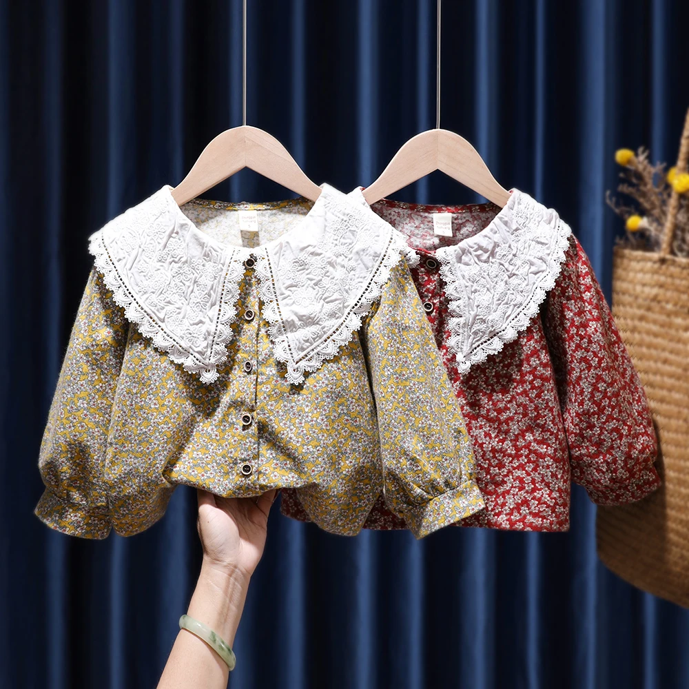 

Новинка, блузка для маленьких девочек, рубашки, модная детская рубашка с цветочным рисунком, кружевная рубашка с отложным воротником и длин...