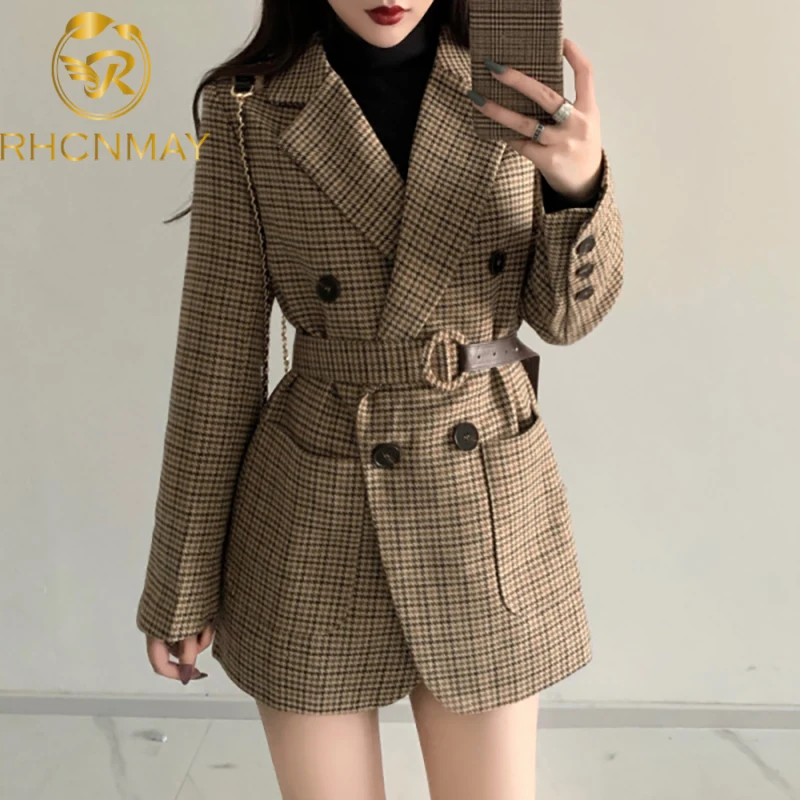 

New 2020 Spring Autumn Women's Sashes Jackets Notched Outerwear England Style OL Vintage Plaid Blazer Woolen Coat Tops Female