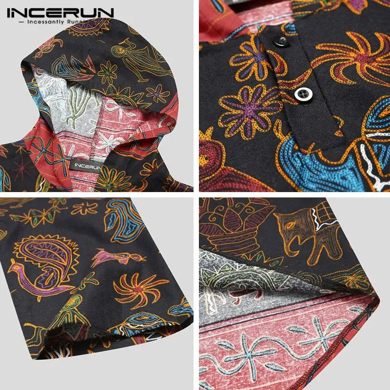 Men Hooded Half Sleeve Shirt Vintage Printed Shirts Casual Loose Buttons Pullovers Man Cotton Thin Sweatshirt Camisa Plus Size 7 | Мужская