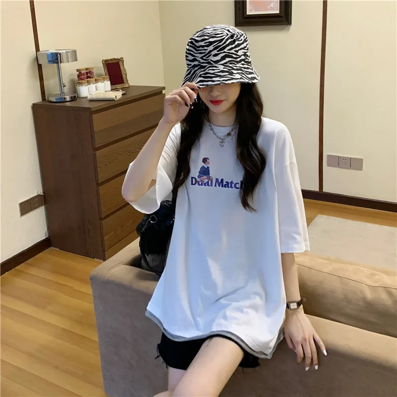 

Black T-shirt for Women New Cartoon Printed Fake Two Pieces Short Summer Korean Style Versatile Couple Half Sleeve Men