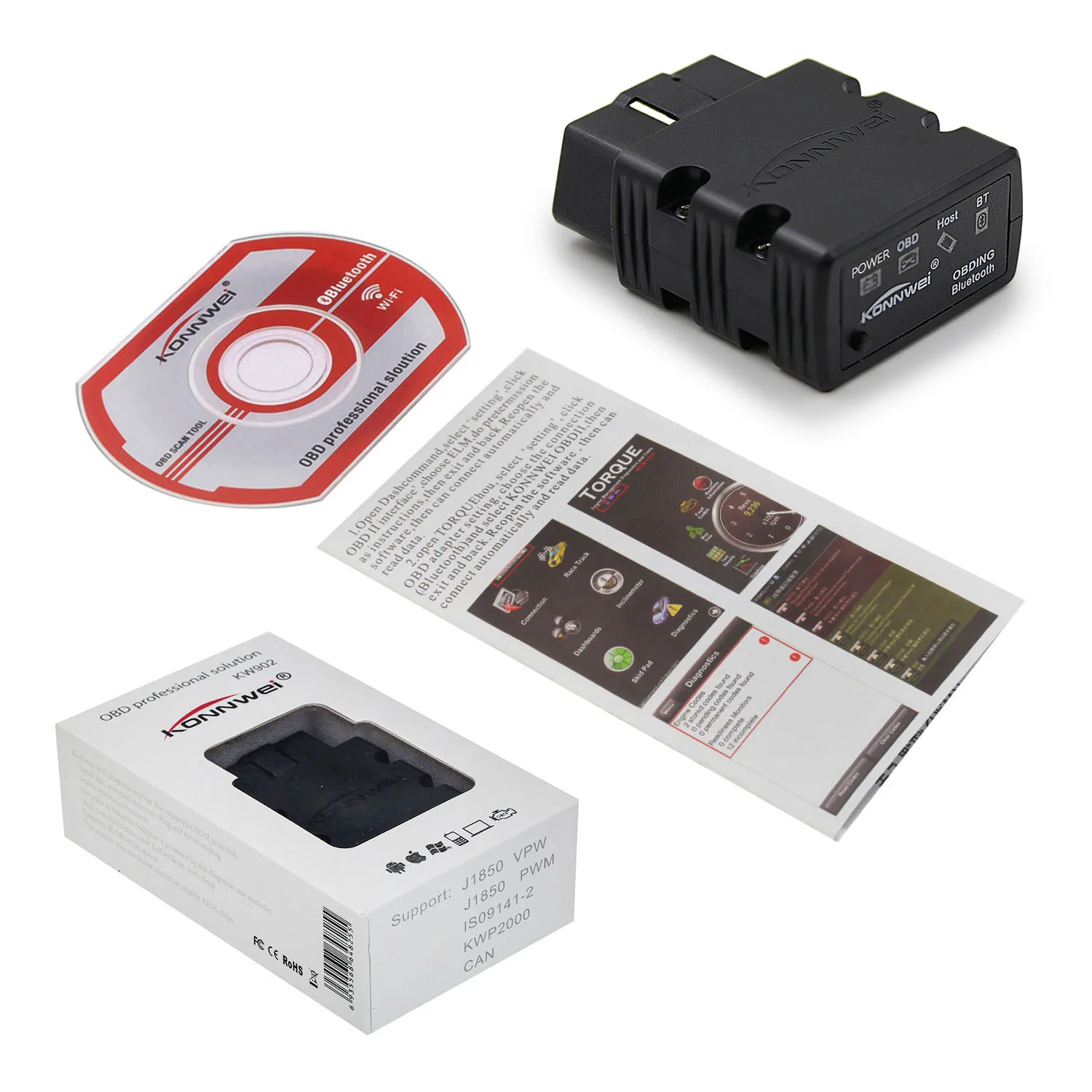 

KONNWEI ELM327 V1.5 OBD2 Scanner KW902 Bluetooth Autoscanner PIC18f25k80 MINI ELM 327 OBDII KW902 Code Reader for Android Phone