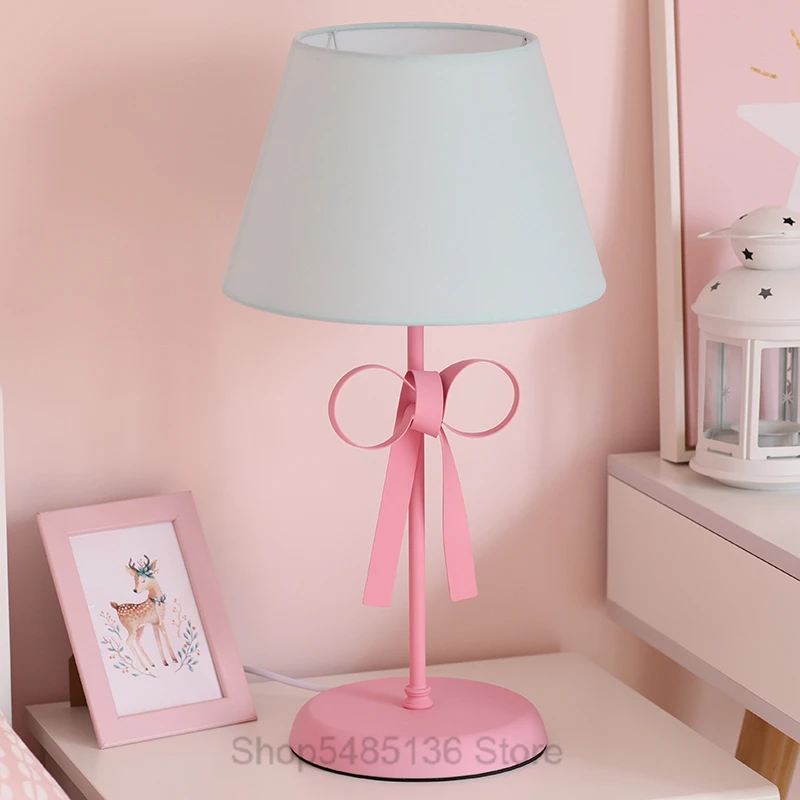 北欧弓ノットピンクテーブルランプベッドルーム近代デスクランプ女の子プリンセスベッドサイドランプledスタンド照明器具家の装飾