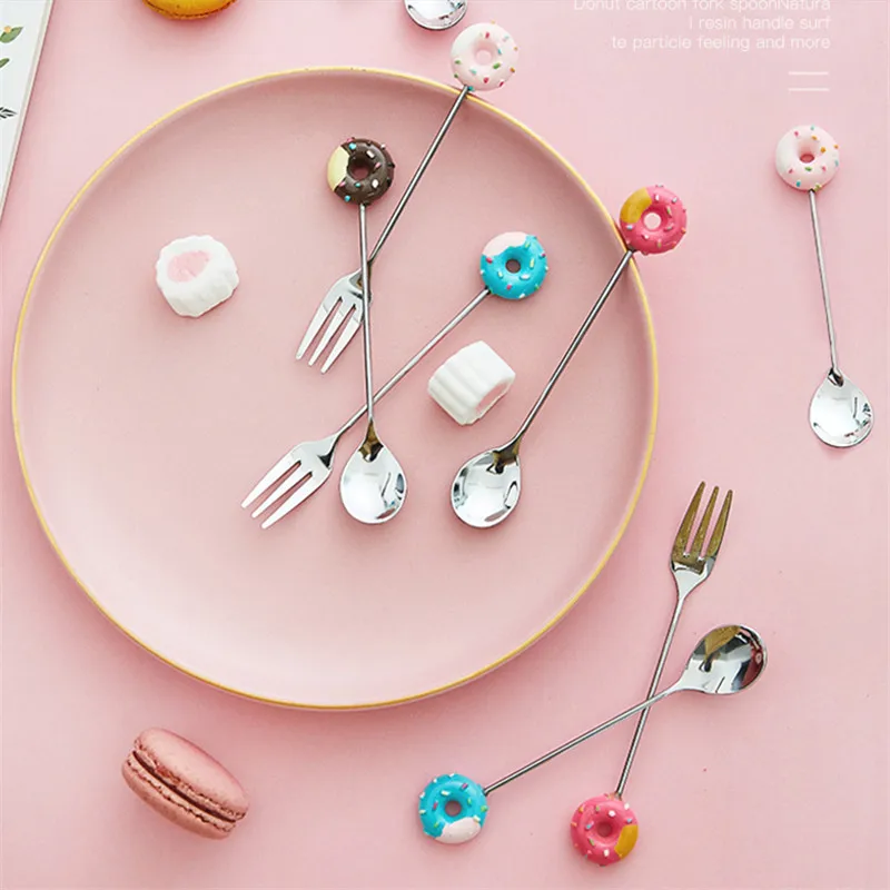 1 шт. Нержавеющая сталь пончик столовая ложка вилка с милым принтом сердечки для