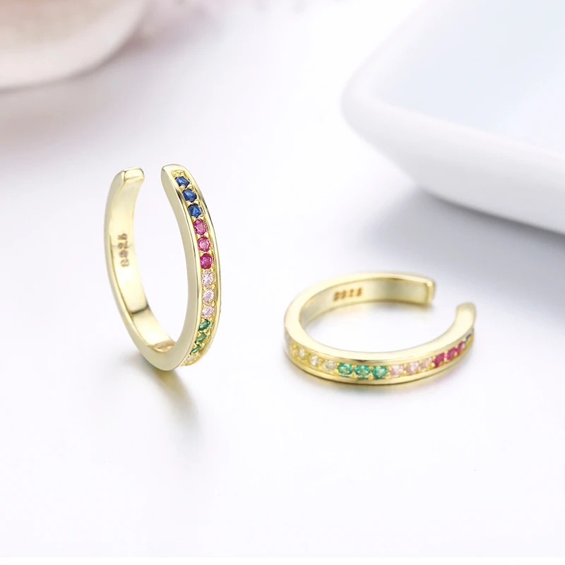 925 Sterling Silver Gold Color Rainbow CZ Circle Clip Earrings For Women Girls Jewelry Ear Cuff Jacket Cartilage Earless Hole | Украшения и