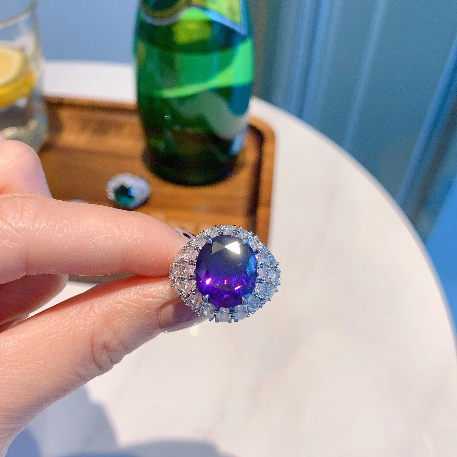 Роскошное женское большое кольцо QTT с зеленым и синим камнем большие обручальные