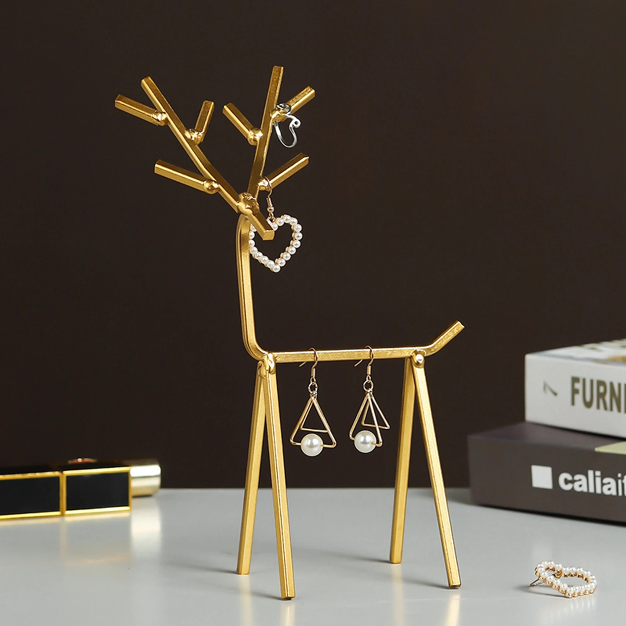 

Jewelry Rack Deer Shaped Metal Display Shelf Decorative Artware Desktop Decor for Living Room Bedroom
