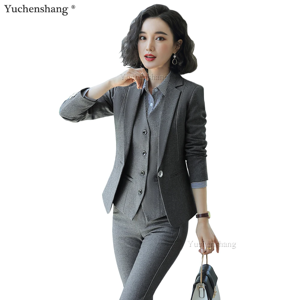 

3 Pieces Set Women Black Gray Stripe Vest Blazer Jacket and Pant Suit Office Lady Formal Business Work Career Wear Clothes