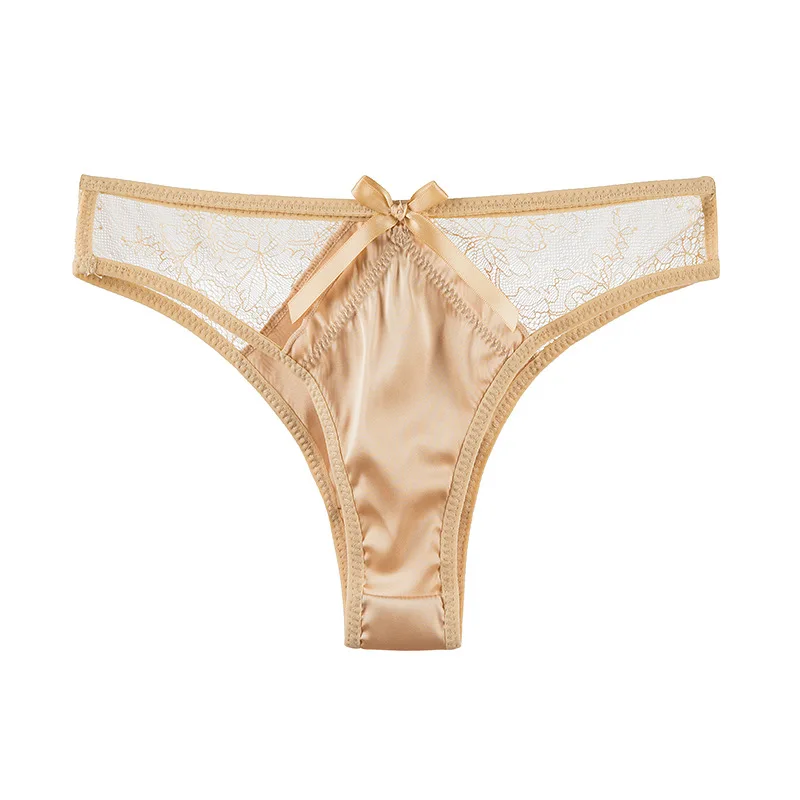 

New European and American Sexy Satin Thong Women's Low-waist Lace-trimmed Women's Underwear Transparent Hollow T-pants