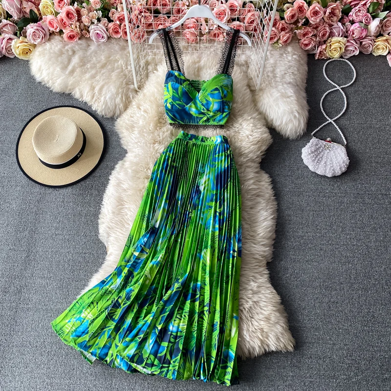 

Summer Seaside print camisole tube top sleeveless two-piece elegant pleated dress womens with large swing dress 2 piece set