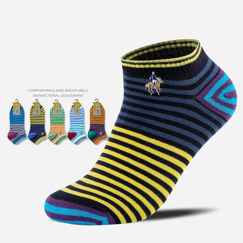 Enlarge 5 Pairs Head Heel Jacquard Summer Thin Striped Men's Boat Socks Combed Cotton Sweat-absorbent Breathable Sports Socks