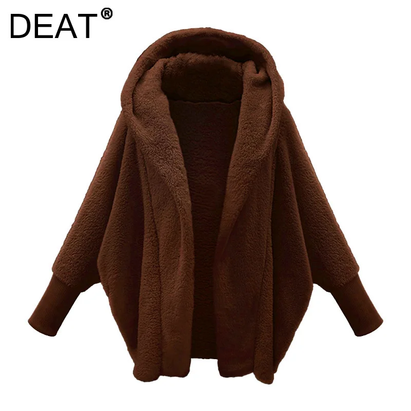 

Женское Свободное пальто с капюшоном DEAT2021, белое однотонное модное простое плюшевое пальто с длинным рукавом в Корейском стиле, 7I0239
