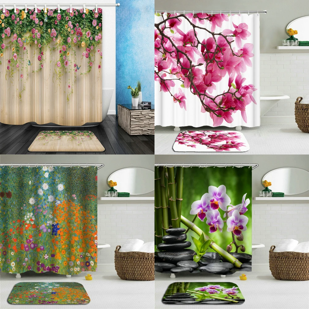 

2Pcs/Set 3D Print Flower pattern Shower Curtain Set Waterproof Polyester cloth+Non-slip Mat Rug Toilet Bathroom Home Decor