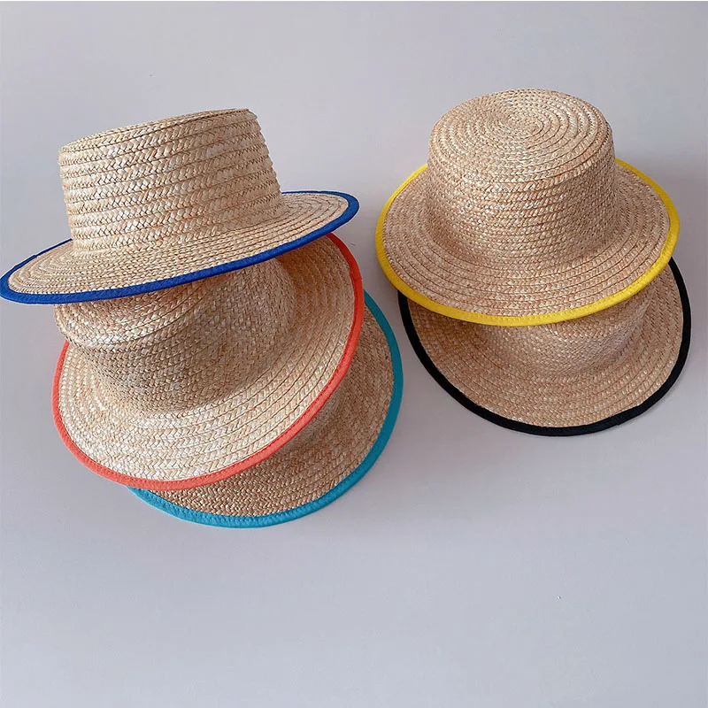

Children's hat, wheat straw hat, flat top, multi-colored border sun-hat, girls' summer hat, wide-brim beach hat, holiday sun hat