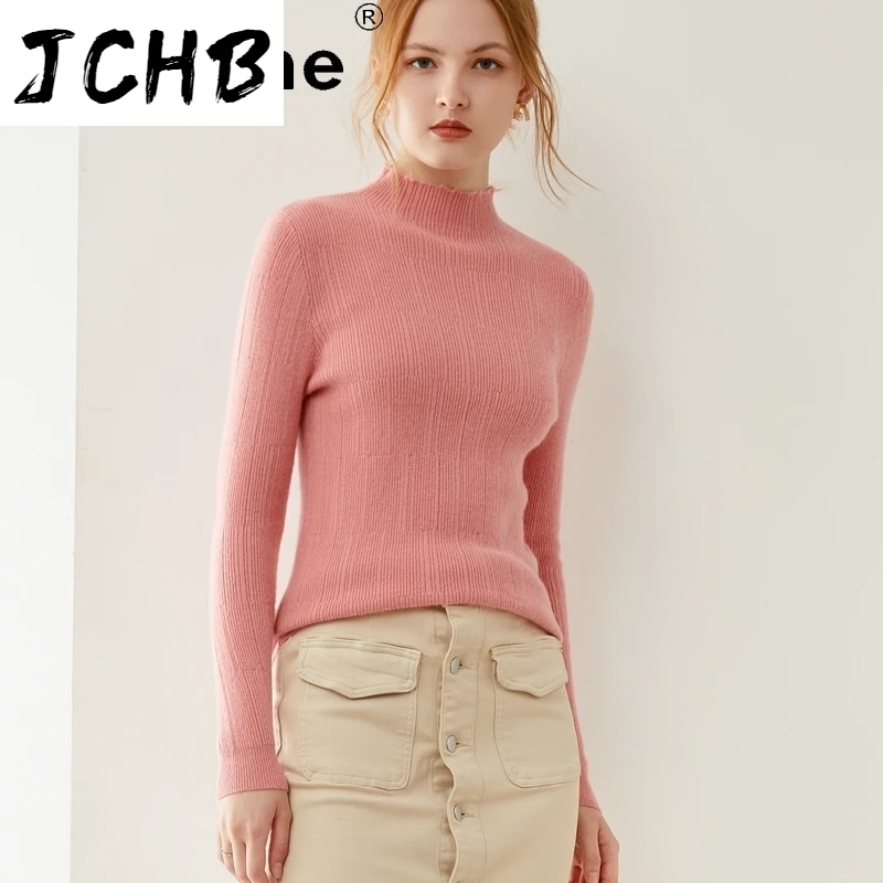 SHZQJCHB Autumn Sweaters for Women 100% Wool Woman Pullover Knitted Sweater Winter Female Half Collar Clothes Pulls Femme TN953