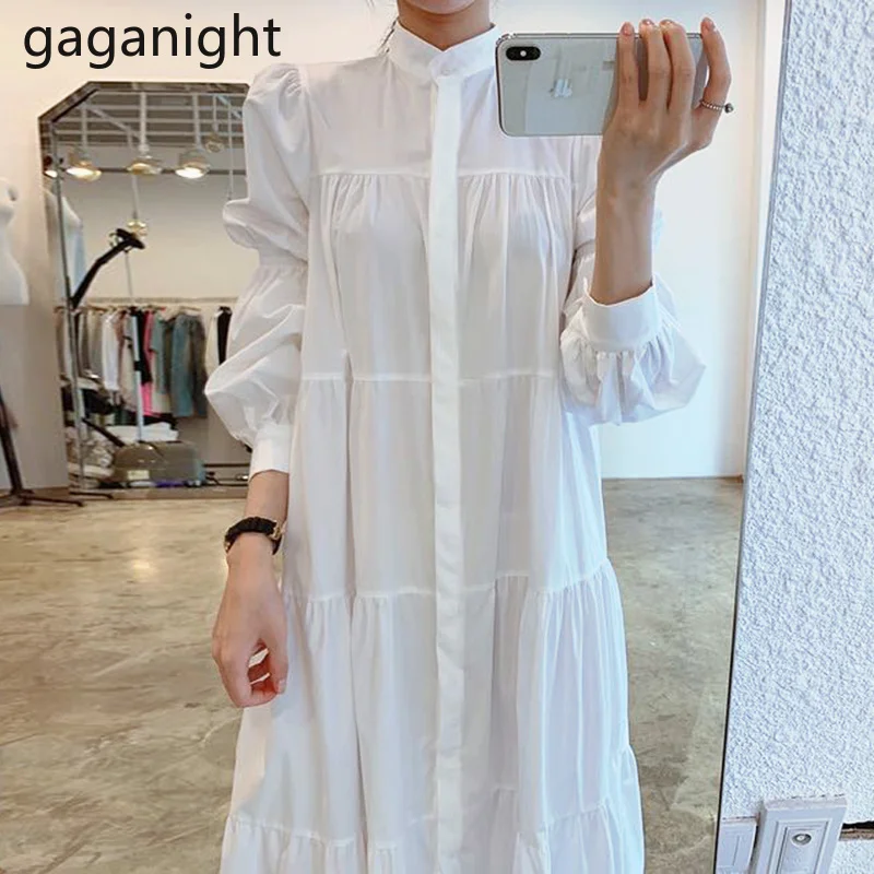 Gaganight модная женская белая рубашка макси платье с длинным рукавом однотонные